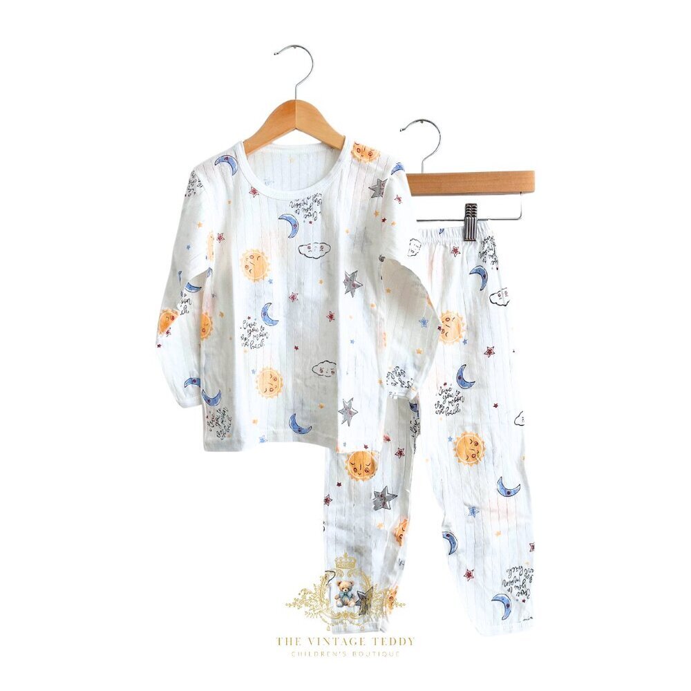 NWT Cute Kids Sleep N' Play Long Sleeve Top & Pants Pajamas Set Moon &Sun 18-24M